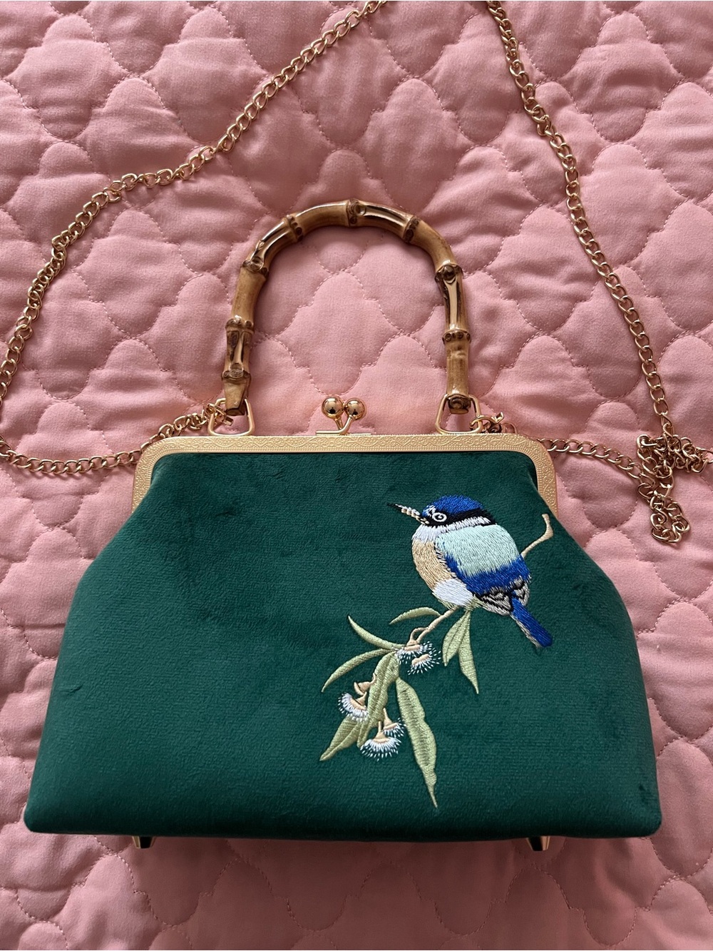 Emerald Green Embroidered Bird Frame Handbag with Bamboo Handle